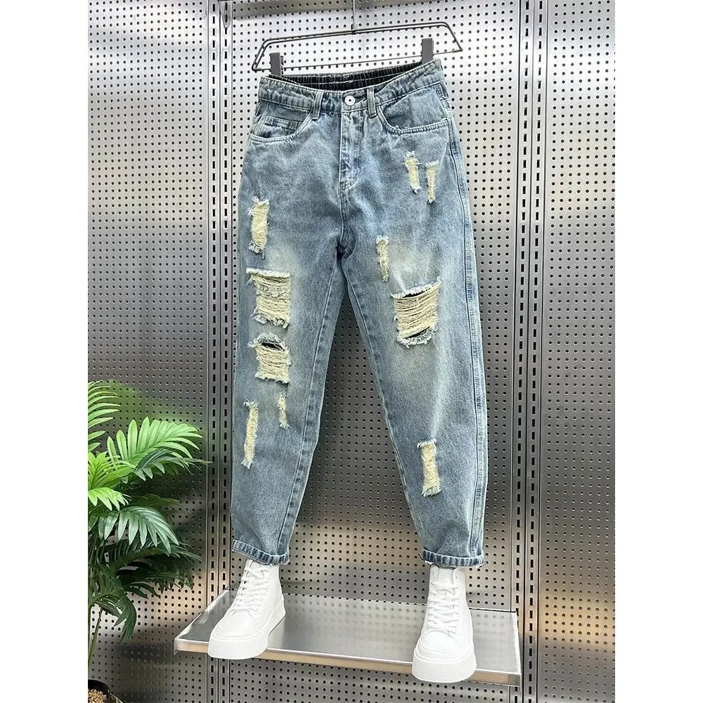 Men'S Jeans With Holes Blue Trousers Torn Broken Ripped Harem Man Cowboy Pants Designer Xs Spring