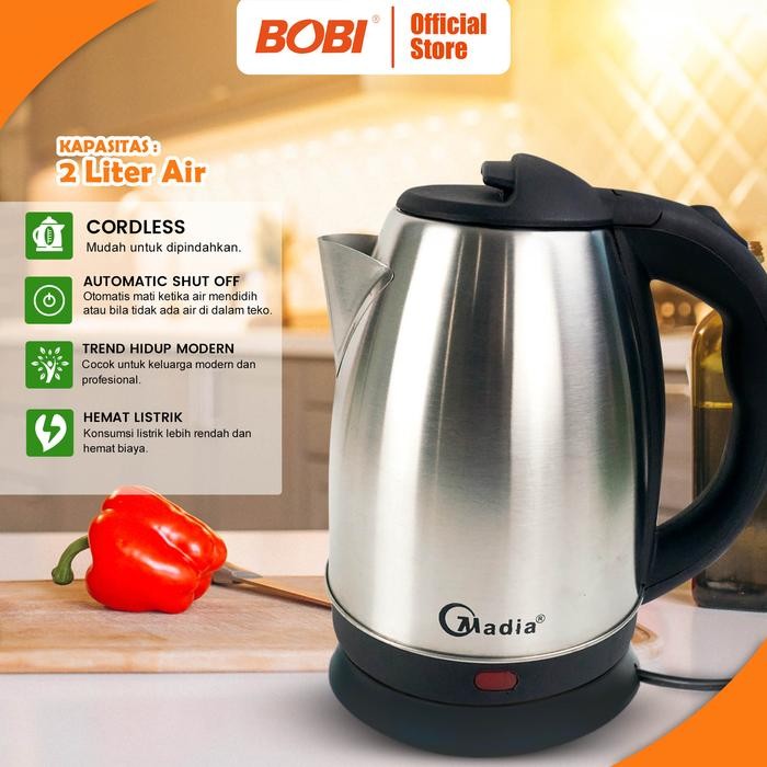 Teko Listrik Kettle Pemanas Air Panas Stainless 2 Liter Electric Elektrik Termos Kabel Wadah