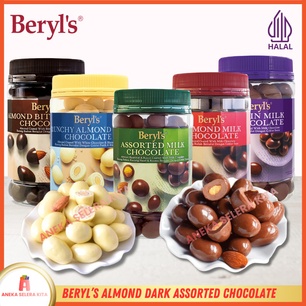 

Beryls Crunchy Assorted Almond Green Tea Milk White Chocolate Halal Kemasan Jar 380gr & 450gr
