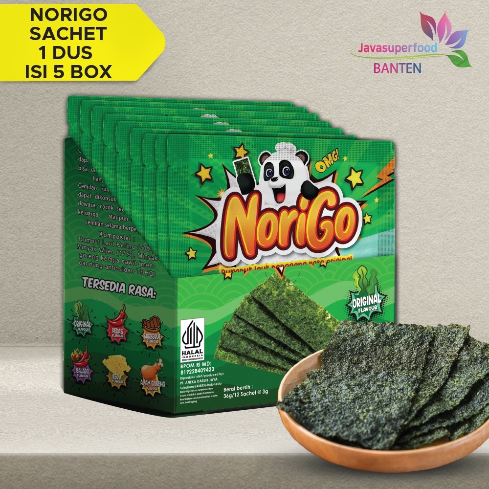 

[Halal] Norigo Cemilan (1 BOX ISI 12 PCS) / Nori Sachet Seaweed Snack 3g / Rumput Laut Halal