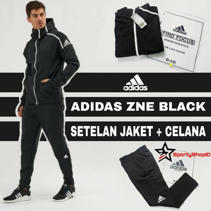 PREMIUM SETELAN BAJU TRAINING OLAHRAGA PRIA JAKET + CELANA ADIDAS ZNE HITAM GO