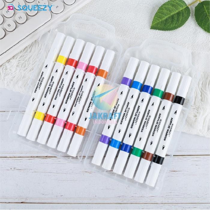 

Ready JT (12 Pcs) Set Spidol Kuas Acrylic 2 in 1 Bullet & Brush Permanent Pen Marker 12 Warna