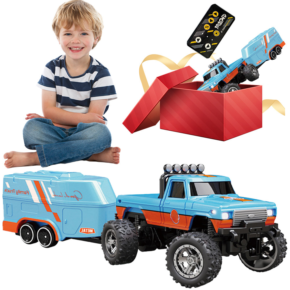 

Mini Off-Road Climbing Car with Lights & Trailer All Terrain Off-Road Truck Toy 1:64 Scale USB-C Rechargeable Children Toy Gift