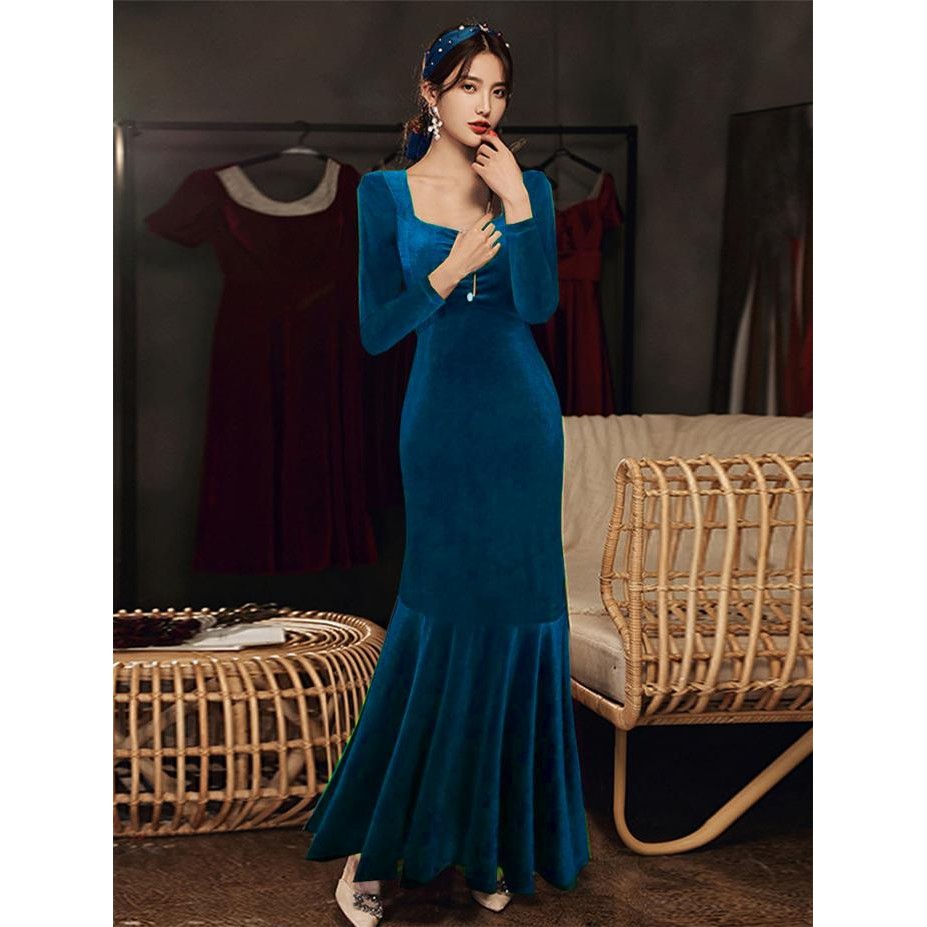 JTTOP" BAJU GAUN PESTA GAUN BODYCON MODEL DUYUNG MERMAID BAHAN BELUDRU VELVET FIT SIMPLE HITAM LIVE