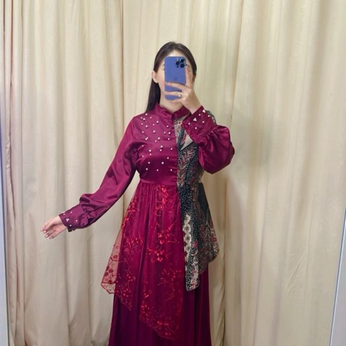 JTTOP" DRESS TIARA BATIK KOMBINASI VELVET WANITA PERNIKAHAN FORMAL PESTA KONDANGAN GAUN MEWAH XL -