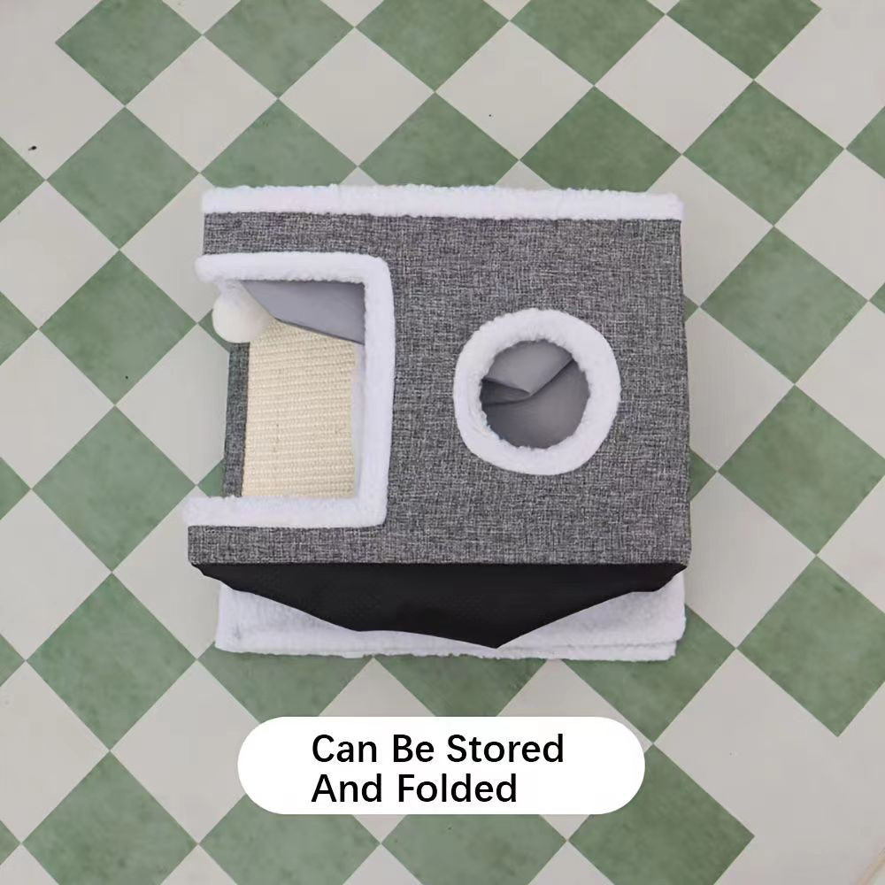 4-Season Multi-Level Cat House - Indoor Foldable ,Cat Cave Design Scratching Board & Warm Cat Bed