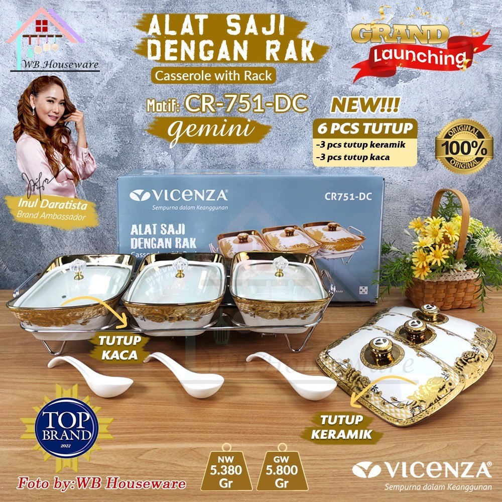 VICENZA Prasmanan set segi isi 3 + tutup kaca dan keramik + rak / CR751-DC Gemini Alat Saji dengan