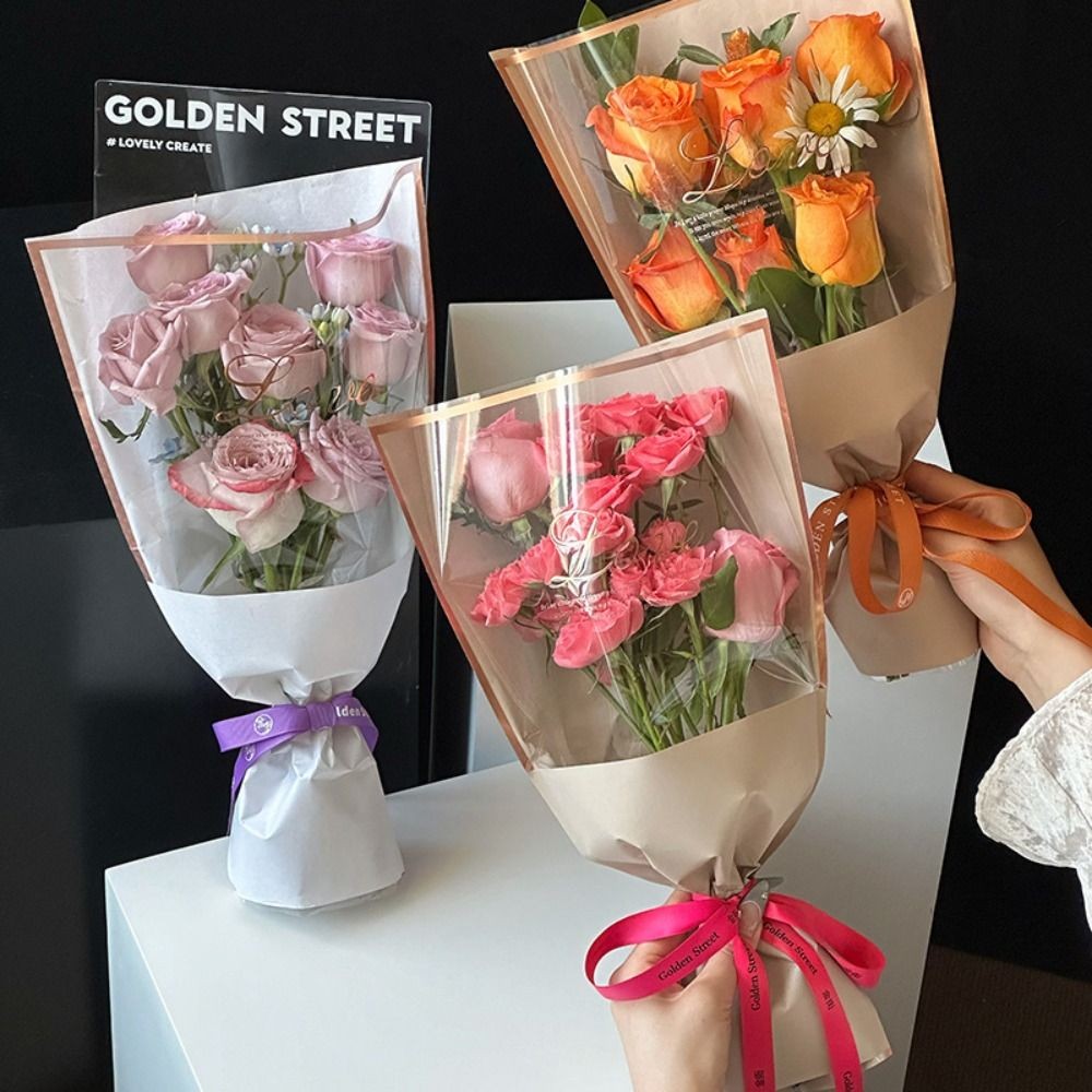 20PCS Romantic Hot Stamping Foil Flower Packaging Bag Transparent Plastic Bouquet Packing Bag DIY Wa