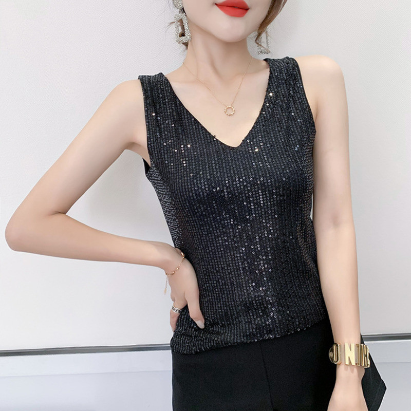 #7108 Black White Sequines Tank Top Women V-Neck Sexy Slim Sleeveless Tank Tops Summer Basic Party