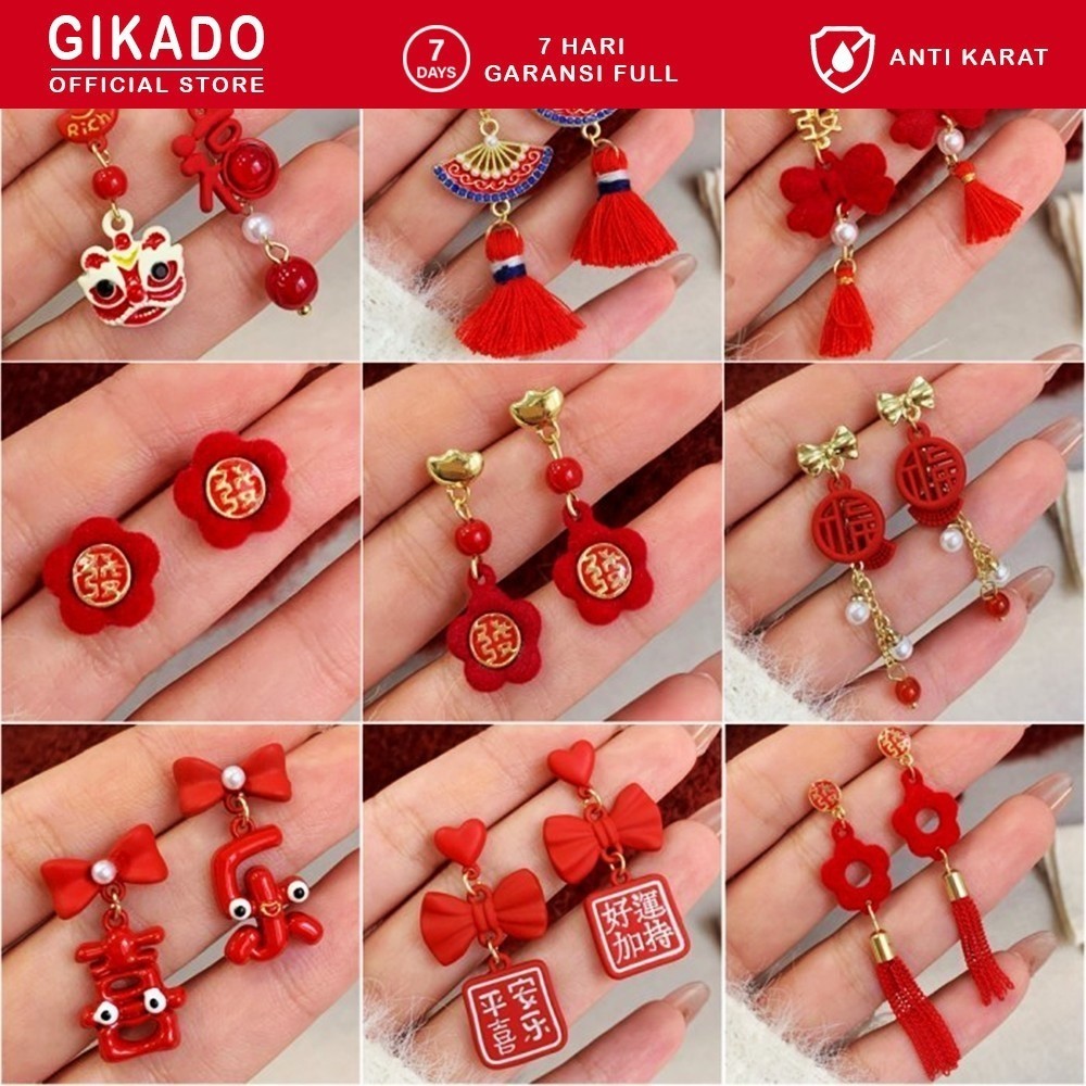 Gikado Anting Merah Imlek Keberuntungan Unik Red Chinese New Year Earrings