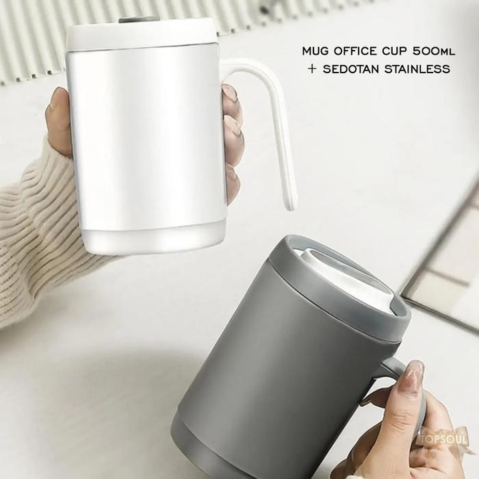 Mug Office Cup 500ml + Sedotan Tumbler Straw Gelas Plastik PUTIH ABU