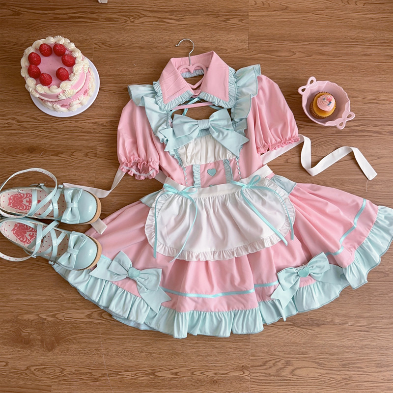 Anime Japanese Gothic Lolita Sweet Apron Bow Maid Dress Set Women Girls Puff Sleeve Cute Dress