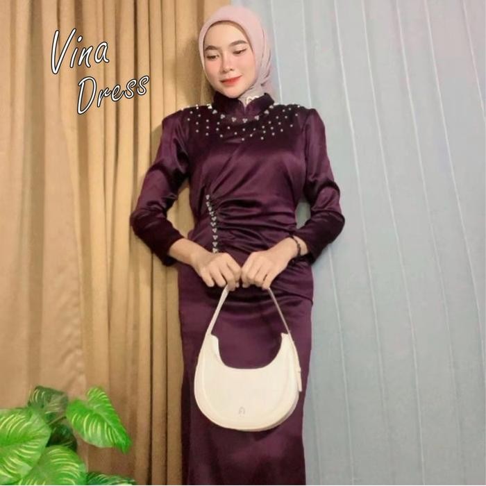 New Vina Dress Kondangan Viral Termurah Gaun Pesta Modern Satin Silk Premium Baju Muslim Wanita