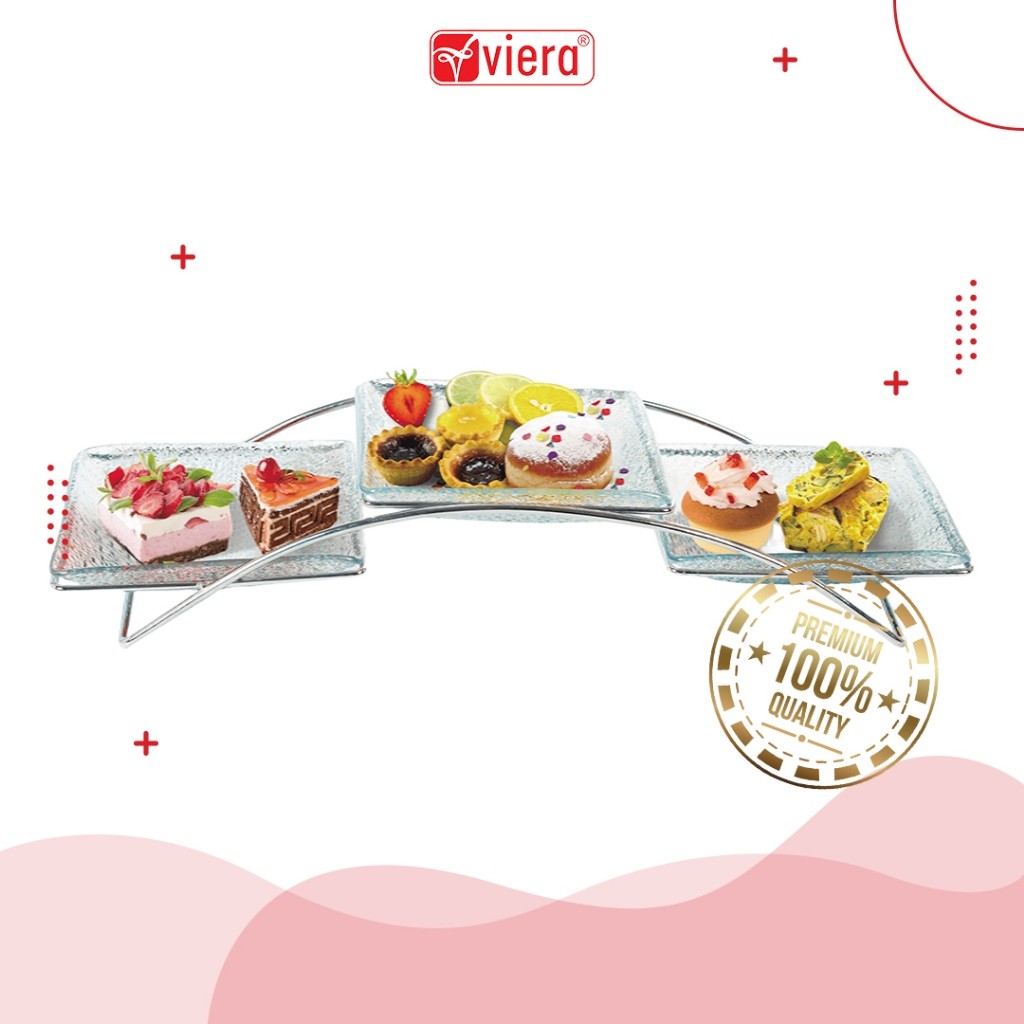 Viera - Serving Tray Piring Kotak Kaca Wadah Saji Tempat Kue Buah Set Susun Tingkat 3 Rak Nampan