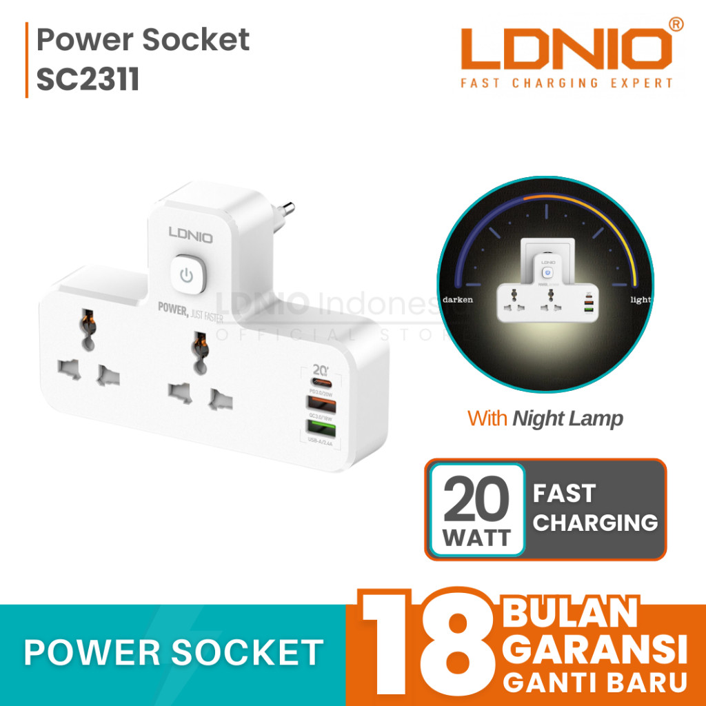 LDNIO SC2311 Power Socket LED Lamp 2 Socket 3 USB Port Adaptor Steker