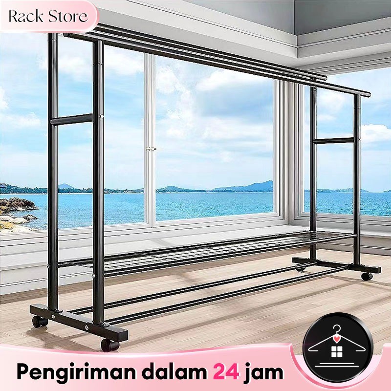Rak Gantungan Baju Besi Stand Hanger Gawang Baju Portable Jemuran Baju 4 Roda Luar Ruangan Jemuran