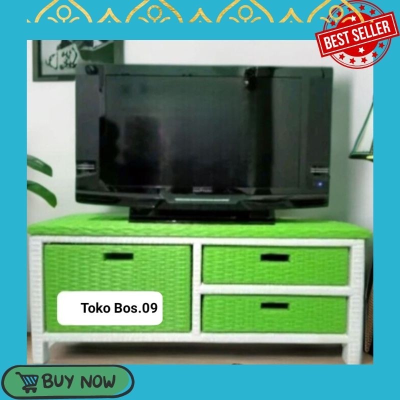 (REDY STOK) Meja Tv Rotan Sintetis Rak Laci 3 Rak Buku Susun