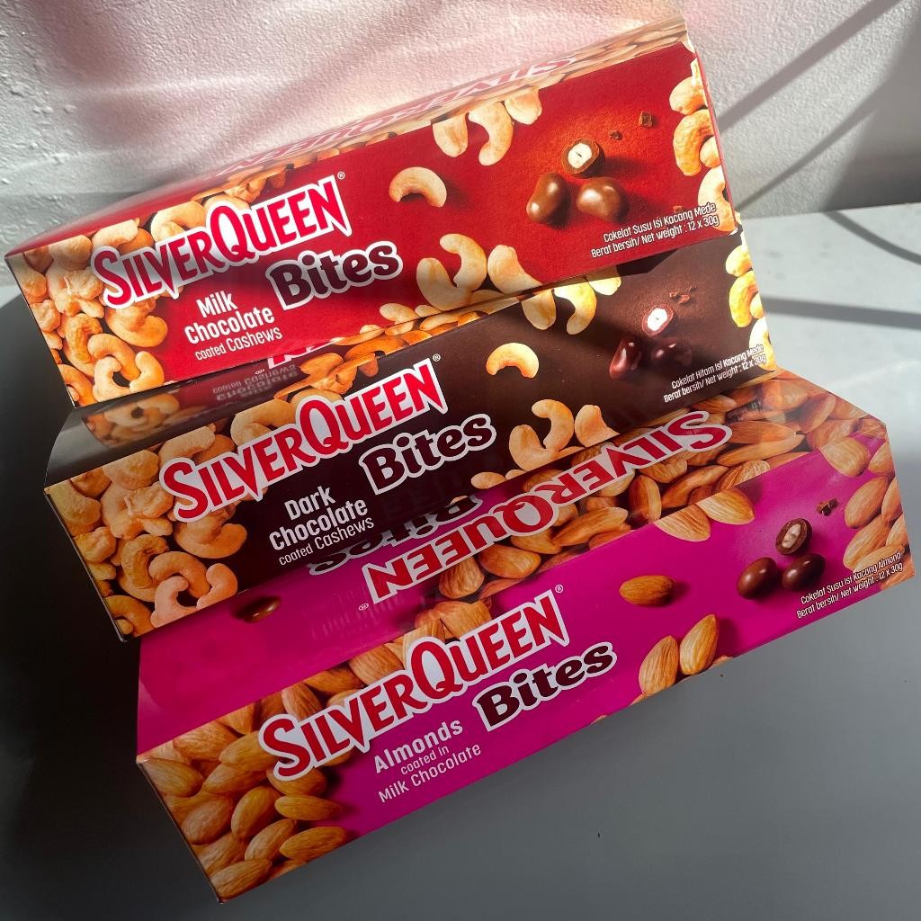

WHYN!! SILVERQUEEN BITES 30 GRAM / CASHEW - ALMOND - DARK ( BOX / 12 PC )