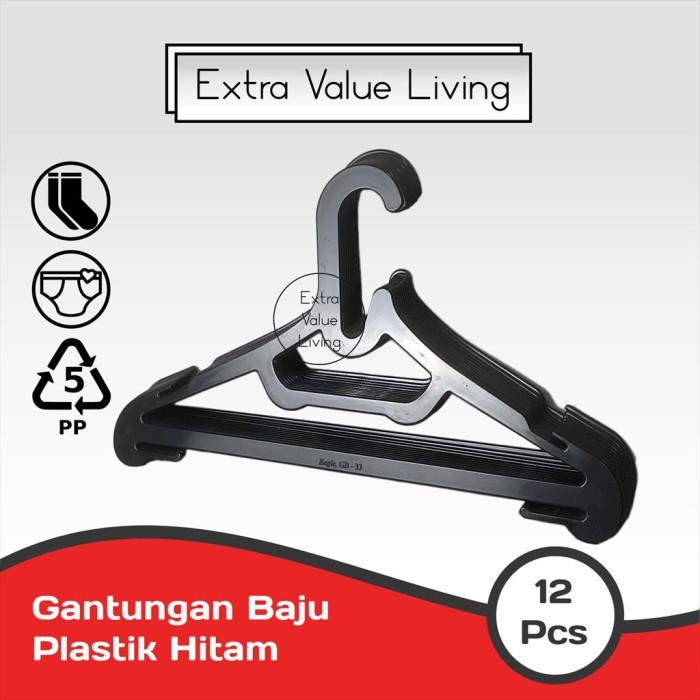 PREMIUM Eagle Gantungan Baju Hanger Baju 12 Pcs Hanger Dewasa Plastik Hitam