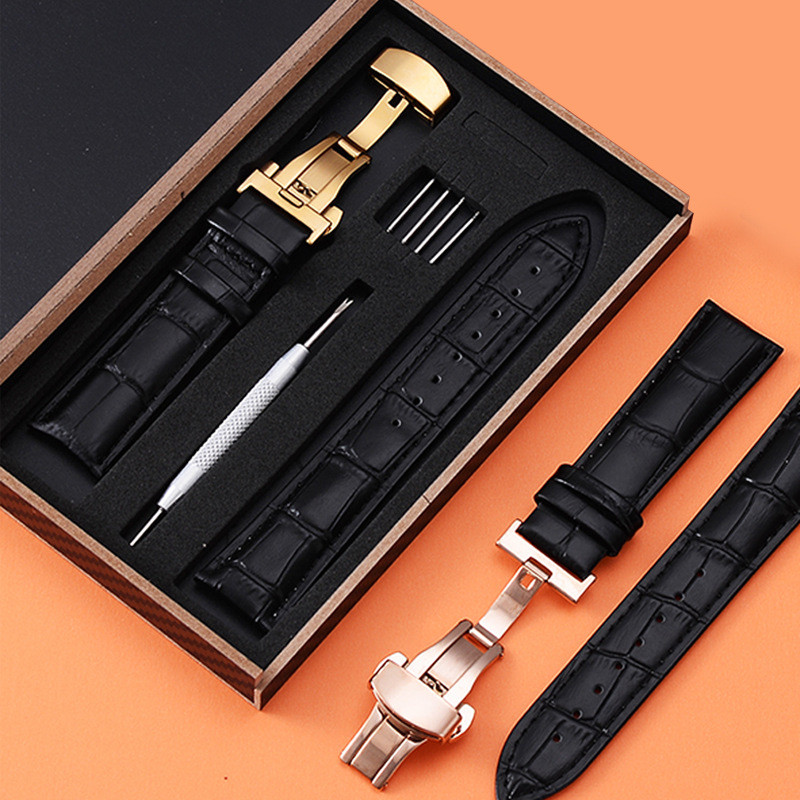 Tali Jam Tangan Kulit Asli Sapi - Motif Bambu & Buaya - Kotak Hadiah - Deployant Clasp - Pria & Wani