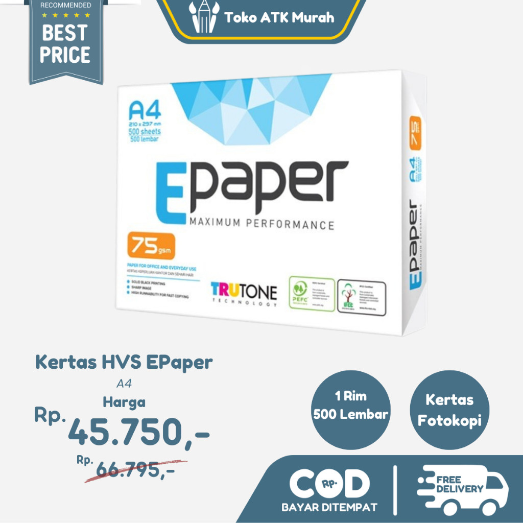 

Kertas HVS A4 75gsm E-Paper Original & Halus Cocok untuk Kantor & Sekolah