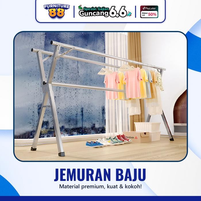 Furnitur88 Jemuran Baju / Pakaian Lipat Portable Campuran Besi & Alumunium Tahan Karat Dapat Dilipat