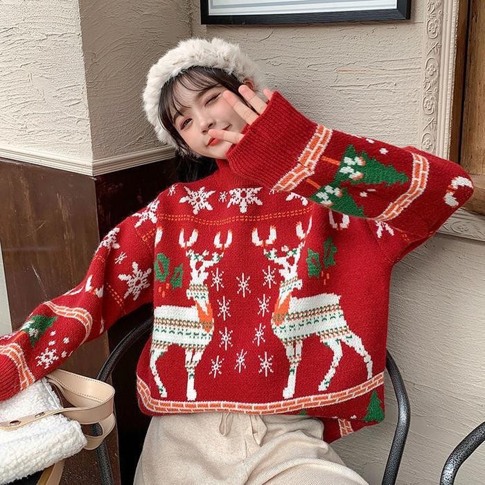 

No Na - 99Koutlet Wanita Jumper Mid-Length Baru Wanita Longgar Luar Menebal Natal Jumper Merah