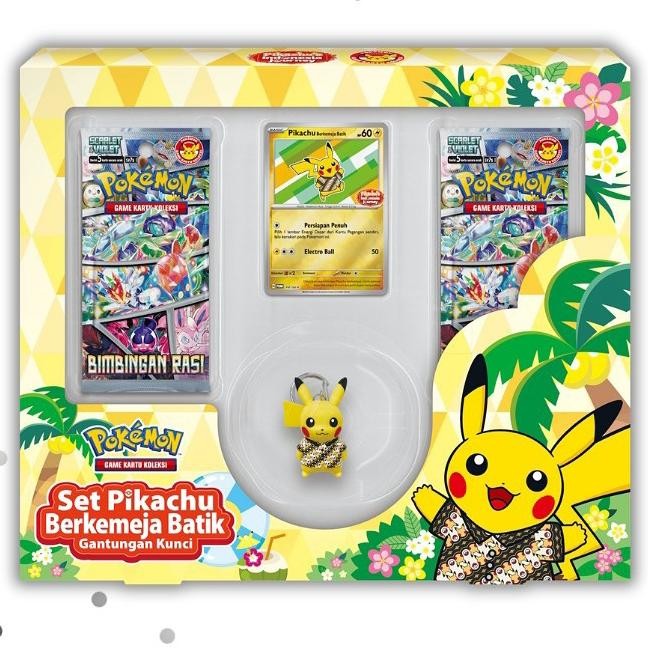 

set pikachu berkemeja batik gantungan kunci bimbingan rasi booster sv7s pikachu batik pokemon tcg