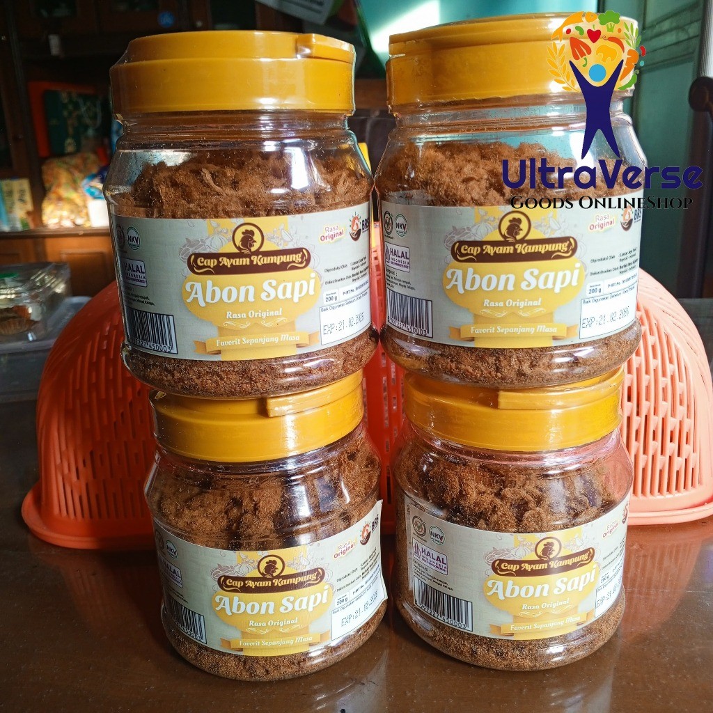 

Abon Sapi cap Ayam Kampung toples 200 gr HALAL Abon Sapi Asli Enak Premium WE!!