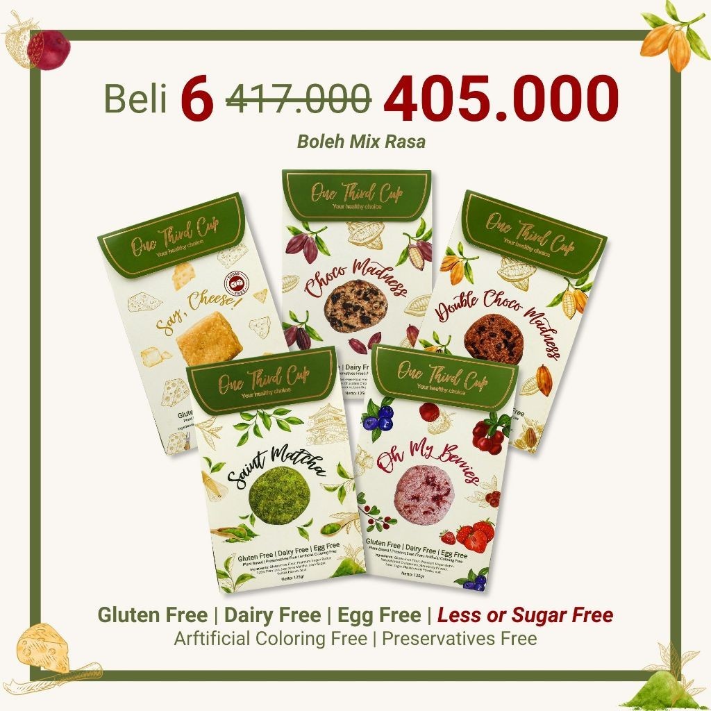 

Olivoliv Snack One Third Cup Bundle Cookies [3Pcs, 6Pcs, 12Pcs] Bebas Gluten, Tanpa Susu, Tanpa