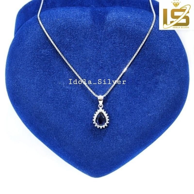Kalung Perak Asli Silver Wanita 925 Lapis Emas Putih Rantai ItaliSanta Liontin Permata Biru - Kalung