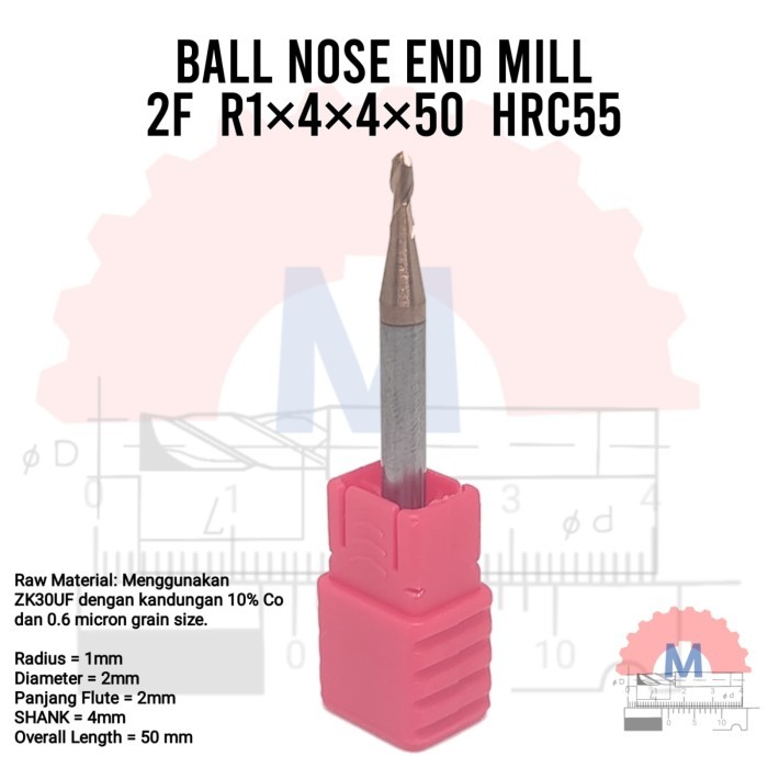 Ta_ Ballnose 2Mm Hrc55 Ballmill R1 D2 Mm 2F Radius 1Mm