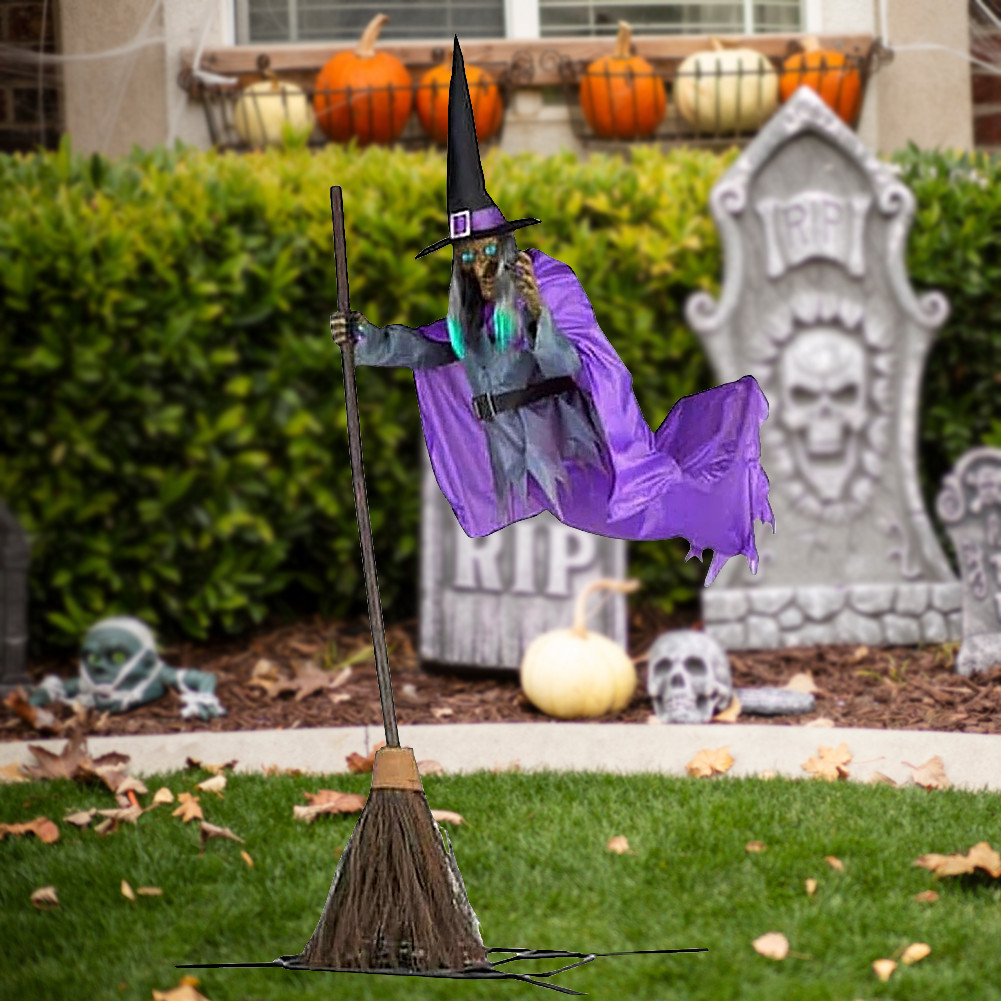 Halloween Flying Witch Decor with Terrifying Sounds and Lights Halloween Flying Witch Broom Prop Fun