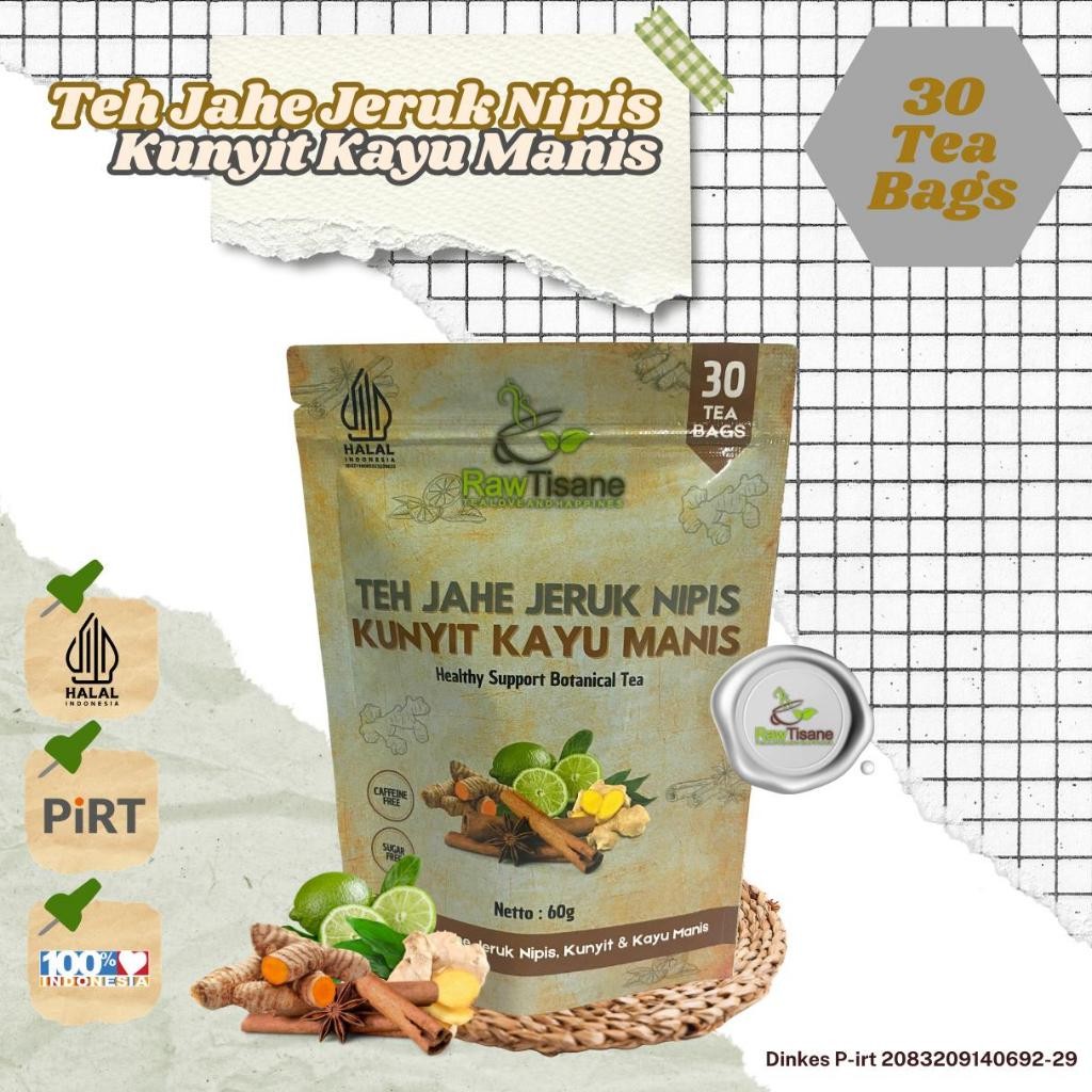 

RAW TISANE Teh Celup Jahe With Jeruk Nipis Kunyit & Kayu Manis Teh Rimpang Isi 30 Tea Bag