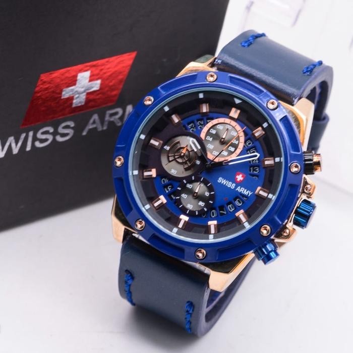 Jam Tangan Pria Swiss Army Tali Kulit Chrono & Tanggal Aktif