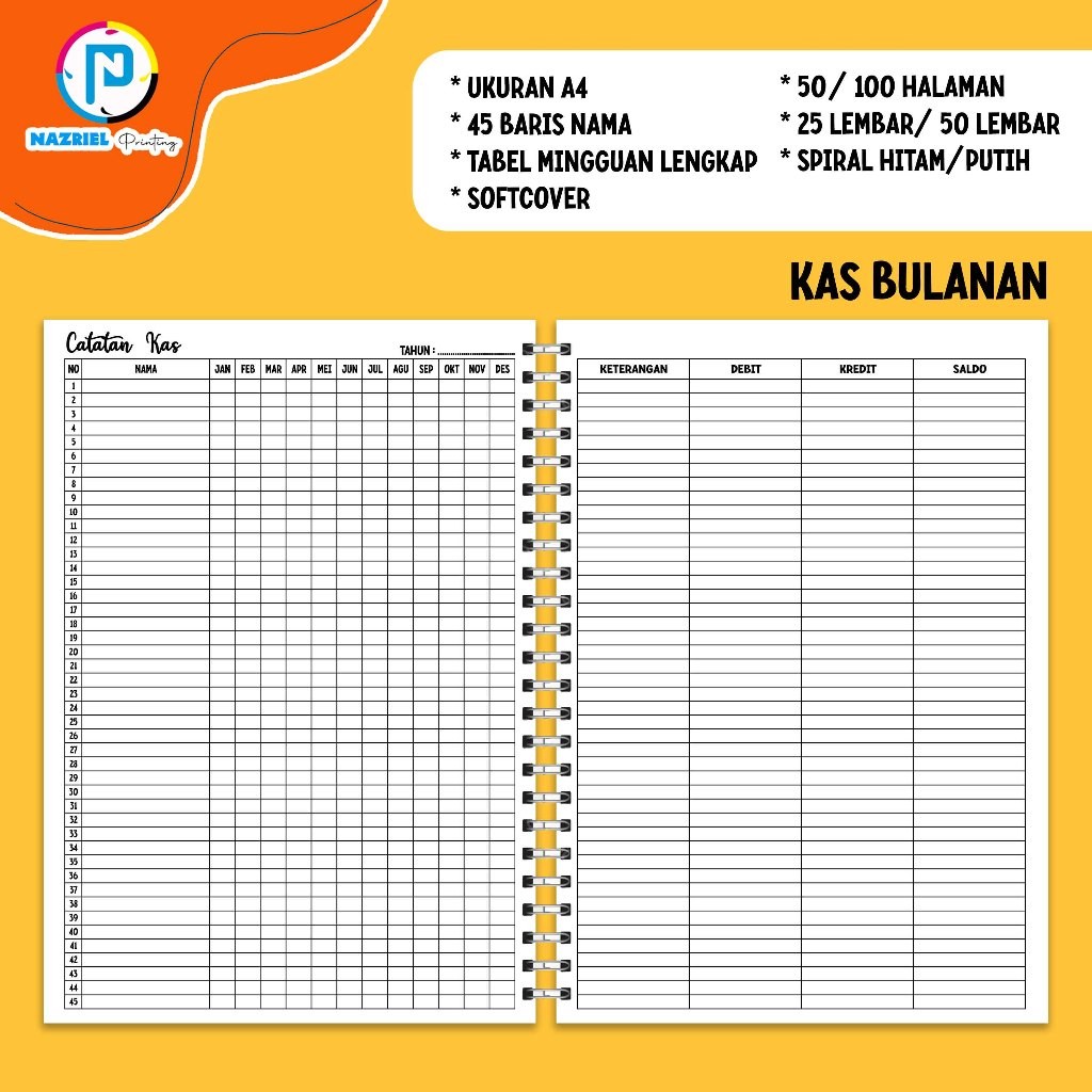 

(NON CUSTOM) Buku Kas Catatan Keuangan A5/B5/A4 Jilid Spiral