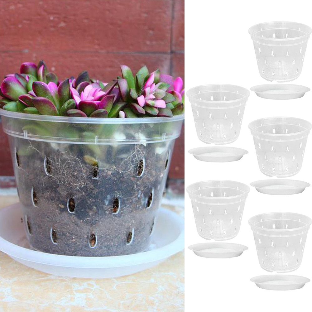 Pot Tanaman Plastik Pot Anggrek Bening Pot Tanaman Bunga dengan Lubang Drainase dan Piring Wadah Tan