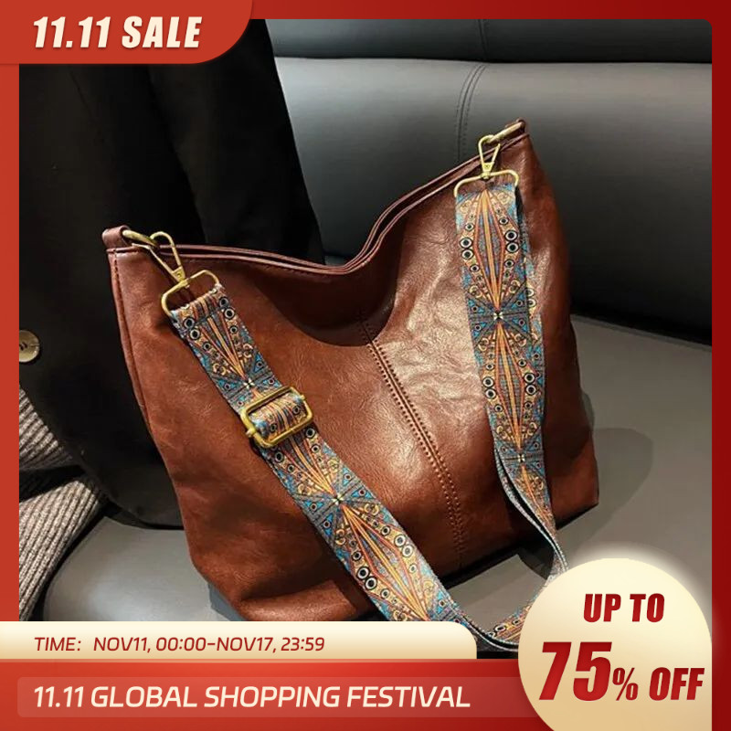 Tas Selempang Bahu Modis Wanita Kulit PU Warna Solid Vintage Tas Selempang Bucket Tali Lebar Sederha