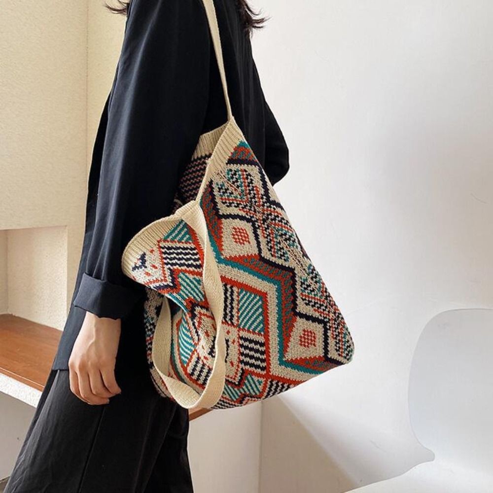 Tas Tote Chic Bohemian Rajut Wanita Baru Tas Tangan Atas Pembelanja Terbuka Rajutan Wanita Tas Tanga