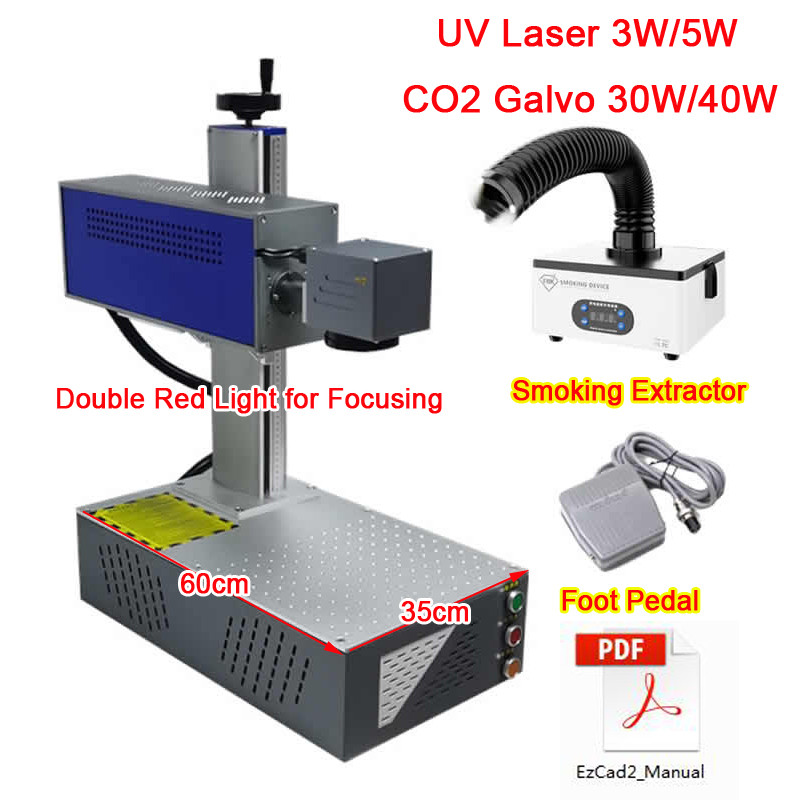 CO2 Galvo Laser 40W 30W Mesin Ukiran Kayu Laser UV 3W 5W Mesin Penanda Kaca dengan Ekstraktor Rokok 