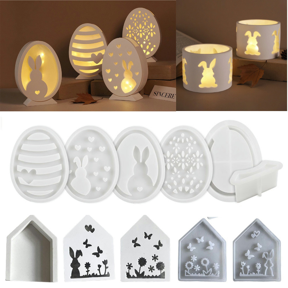 Cement Easter Rabbit Hollow Lamp Mold Easter Egg Rabbit Lamp Silhouette Silicone Mold Crystal Drip P