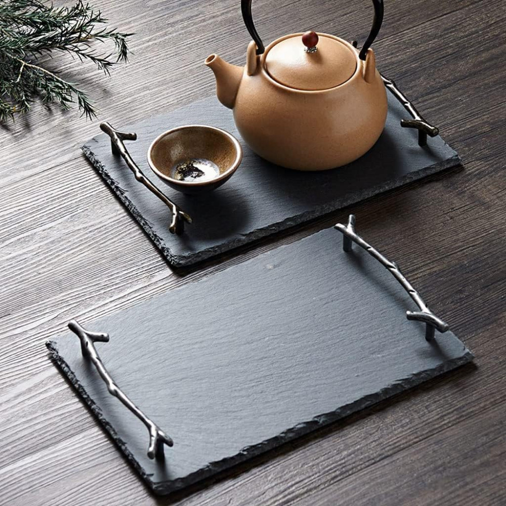 Nampan Batu Alam Nampan Keramik dengan Gagang Kayu Natural Rock Tray Ceramic Tray with Wooden Handle