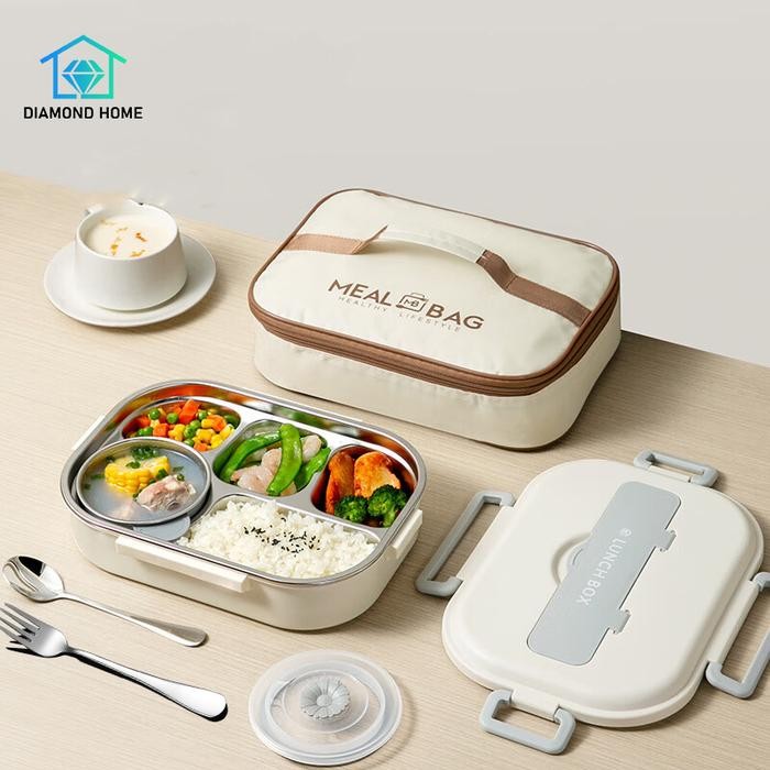 

Diamond home Kotak Makan 5 Grid 1500ml 304 Stainless steel lunch box tumpah free sendok garpu kotak