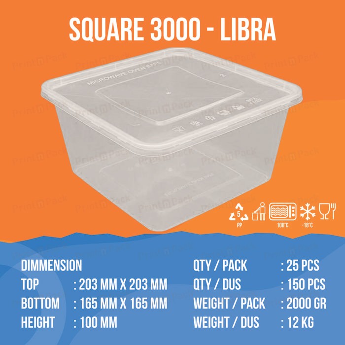 

[25 pcs] Thin wall square 3000 ml / kotak makan plastik persegi per pack isi 25