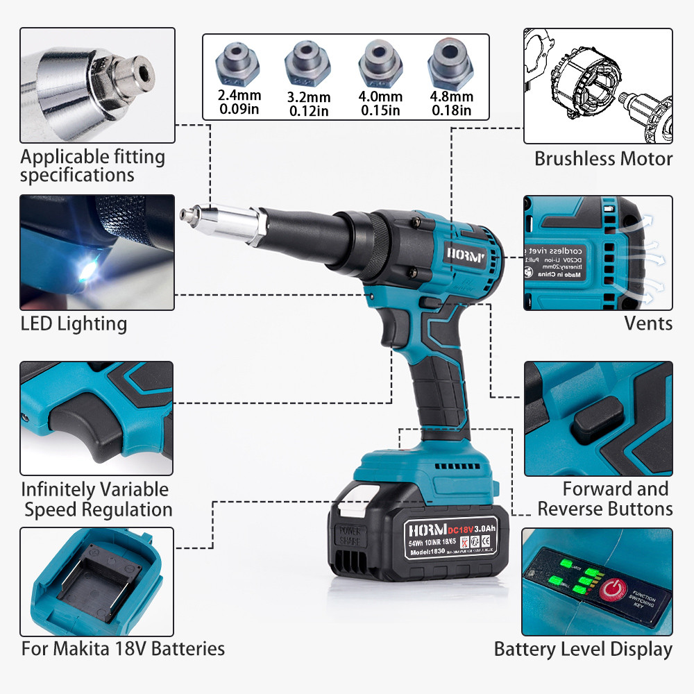 Electric Rivet Gun Brushless 10000N 2.4-4.8mm Cordless Rivet Nut Gun Drill Insert Automatic Riveting