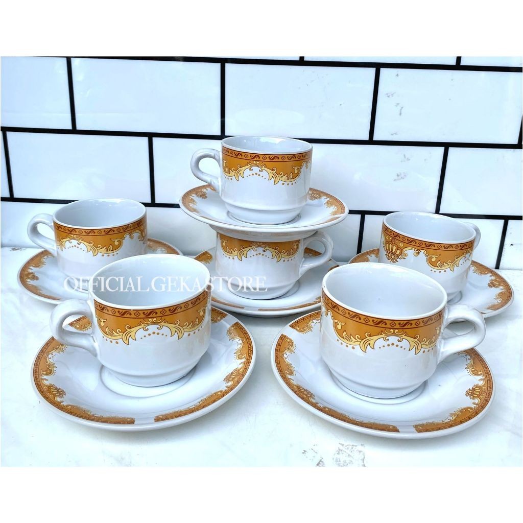 1 SET GELAS KERAMIK LUCKY MOTIF MAHKOTA KUNING ISI 12 PCS (6 GELAS+6 TATAKAN)