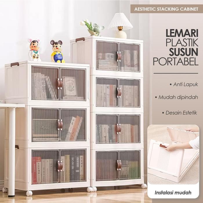PREMIUM Lemari Susun Plastik Serbaguna Pintu Transparan / Rak Kabinet Dapur Makanan Buku Penyimpanan