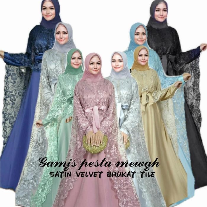 ARELINA hitam gamis pesta premium satin brokat tile ami ktf