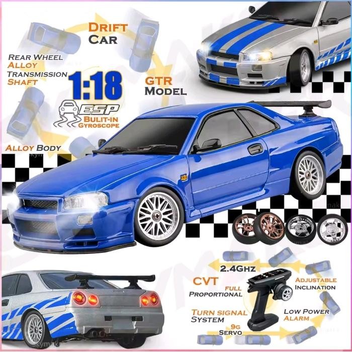 Ready JT RC DRIFT RWD NISSAN SKYLINE GTR R34 R-34 BODY METAL ALLOY SCALE 1/18 FAST FURIOUS BRIAN