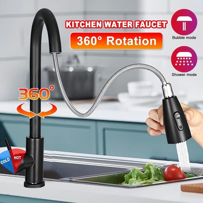 PREMIUM Kran Tarik Dapur Kran sink tarik stainless hitam / keran sink tarik hitam panas dingin